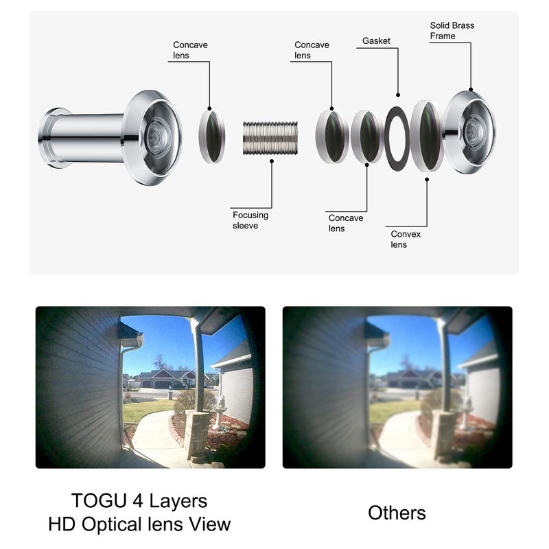 TOGU TG3016NG-CP Solid Brass UL Listed HD Glass Lens 220-degree Door Viewer Peephole for 1-3/8" to 2-1/6" Doors, Polished Chrome Finish - Image 2